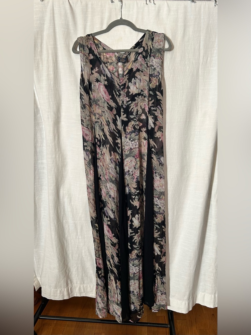 Vintage Circa 90's Sleeveless Black Floral Maxi Dress with Pink & Cream Accents